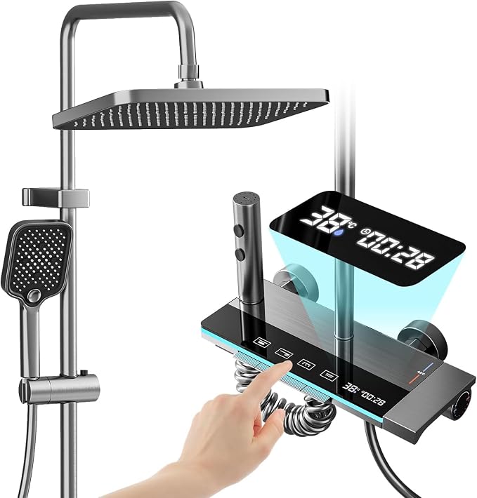 Shower Faucet Sets Complete Thermostatic Shower System Piano-Key Digital Shower Combo Wall Mounted Shower Trim Kit with 11.8" Rain Shower Head,4.5" Shower Head 2 in 1 Handheld Tub Spout (Gray) by Unknown