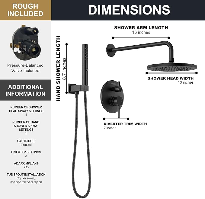 Lava Odoro Modern 2-Setting Round Rain Shower System with Handheld, Matte Black Rainfall Shower Faucet Set Rain Shower Head and Handle Set, Shower Valve Trim Kit, 10 Inch, Matte Black, SF104-MB - Image 7