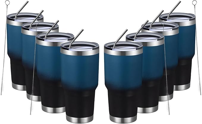 MEWAY 30oz Insulated Tumbler With Lids and Straws,Stainless Steel Double Vacuum Coffee Tumbler Cup, Brush, Durable Powder Coated Coffee Cup for Cold & Hot Drinks(Blue Black, 8 PACK) by MEWAY