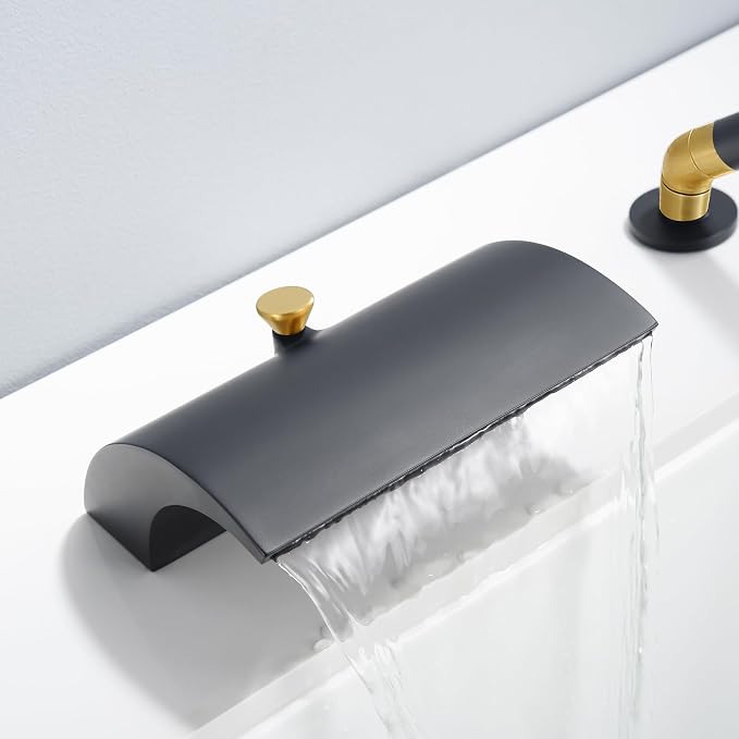 SUMERAIN Waterfall Roman Tub Faucet Deck Mount Bathtub Faucet Brass Tub Filler with Hand Shower, Black and Gold Finish - Image 4