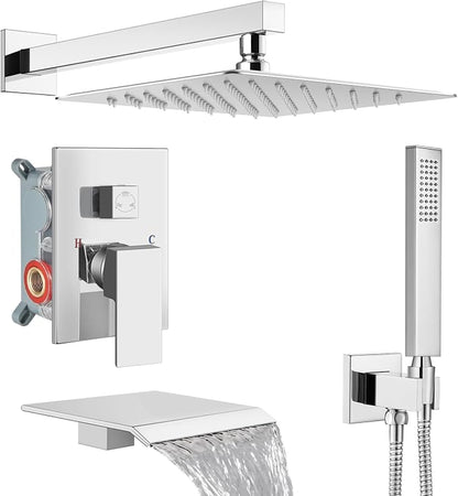 Midanya Shower System with Tub Spout,Bathtub Shower Faucet Set with Square Rainfall Head and Handheld Sprayer Wall Mount Tub Faucet Set with Valve and Trim Kit,10 Inch Polish Chrome by Midanya