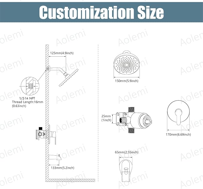 Aolemi Tub Shower Faucet Set With Valve Wall Mount Shower Trim Kit 6 Inch Bathtub Fixtures Rough-in Valve Single-Spray Shower Head System 5.3 Inch Tub Spout Brushed Nickel Modern - Image 7