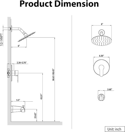 Esnbia Matte Black Shower Faucet Set, 8-Inch Rain Shower Head and Handle Set, Bathtub Shower Faucet Set with Single Handle and Tub spout, Shower Valve Included, Matte Black - Image 7