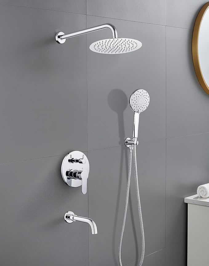ROVOGO Bathtub Shower Faucet Set with Valve, Shower System with Tub Spout, 10-in. Rain Shower and Handheld, Round Shower Fixtures Wall Mount, Chrome - Image 2
