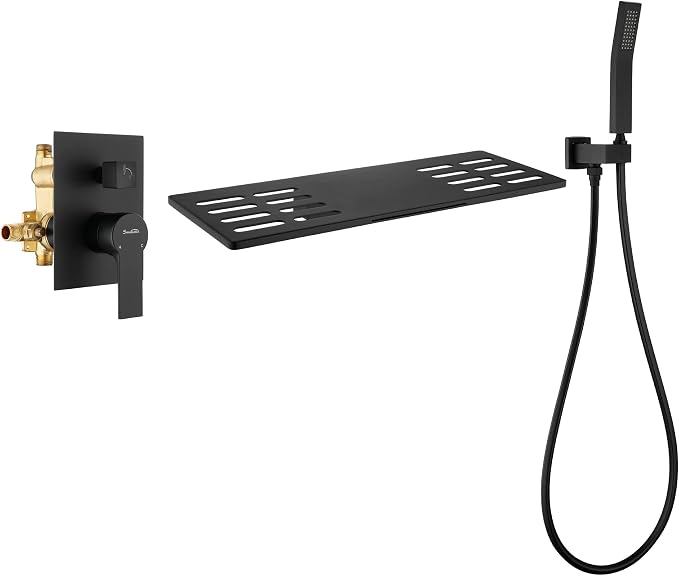 SHAMANDA Wall Mount Bathtub Faucet with Sprayer, Waterfall Tub Filler with Handheld Showerhead, Single Handle Tub and Shower Faucet Combo Set with Rough-In Valve Body and Trim, Matte Black, L903-7 - Image 9
