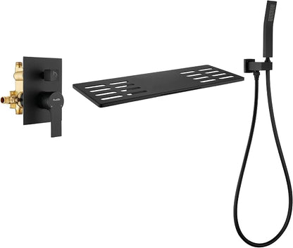 SHAMANDA Wall Mount Bathtub Faucet with Sprayer, Waterfall Tub Filler with Handheld Showerhead, Single Handle Tub and Shower Faucet Combo Set with Rough-In Valve Body and Trim, Matte Black, L903-7 - Image 9