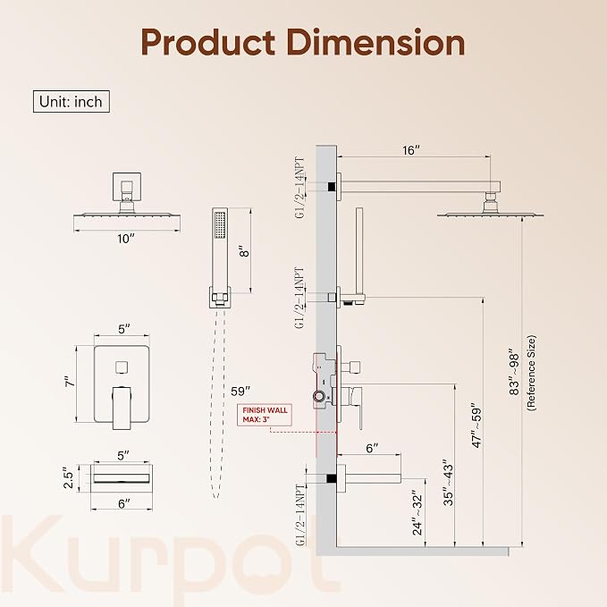 Kurpot Shower System with Tub Spout, All Metal Matte Black Shower Faucet Set with Valve, 10'' Rain Shower Head with Handheld Spray, 59'' Shower Hose and Diverter, Wall Mounted Bath Tub Faucet Set - Image 2