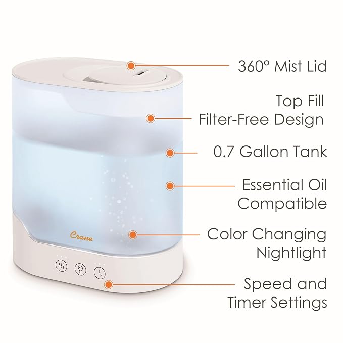 Crane 0.7 Gallon Top Fill Cool Mist Humidifier and Aroma Diffuser, with Color-Changing Night Light and Aroma Diffuser Function, Humidifier For Bedroom, Office or Nursery - Image 2