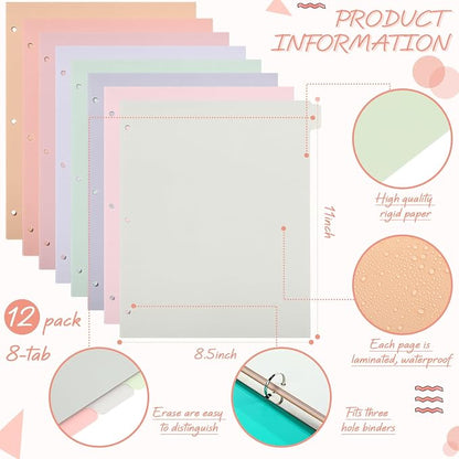 Honoson 12 Sets 8 Tab Dividers for 3 Ring Binders Plastic File 8.5 x 11 Inch - Image 2