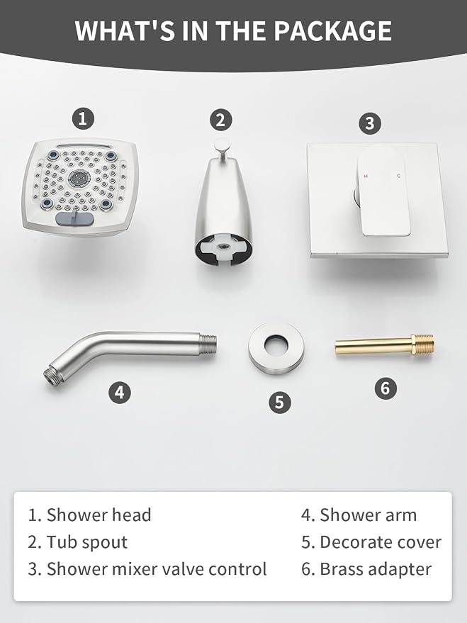 Brushed Nickel Shower Head and Handle Set 5 Inch Bathtub Faucet Shower Faucet with 6-Spray Shower Head Shower Valve Kit Modern Shower Set High-Pressure Shower Trim Kit - Image 8