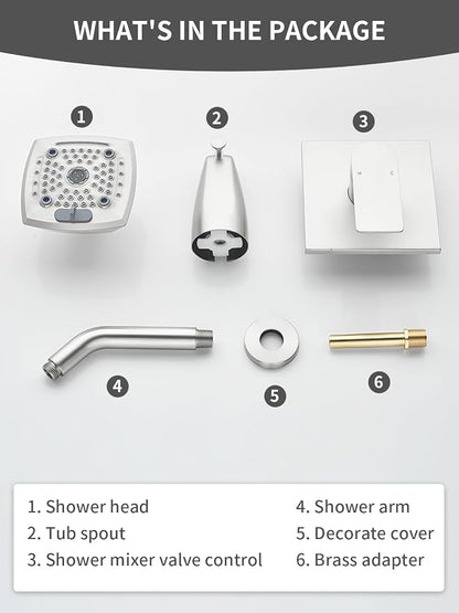 Brushed Nickel Shower Head and Handle Set 5 Inch Bathtub Faucet Shower Faucet with 6-Spray Shower Head Shower Valve Kit Modern Shower Set High-Pressure Shower Trim Kit - Image 8