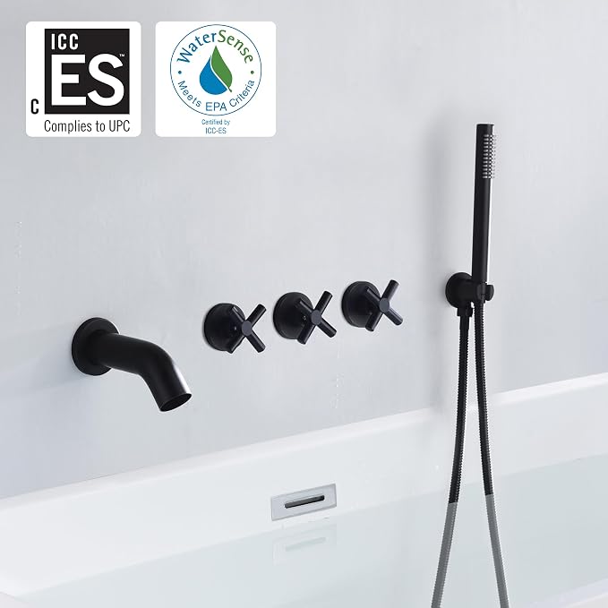 SUMERAIN Wall Mount Bathtub Faucet with Hand Shower,3 Handle Tub Shower Faucet Matte Black High Flow Waterfall Tub Filler - Image 2