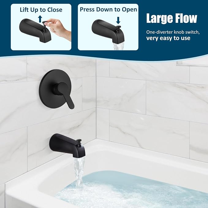 Aolemi Tub Shower Faucet Set With Valve Wall Mount Shower Trim Kit 6 Inch Bathtub Fixtures Rough-in Valve Single-Spray Shower Head System 5.3 Inch Tub Spout Matte Black Modern - Image 3