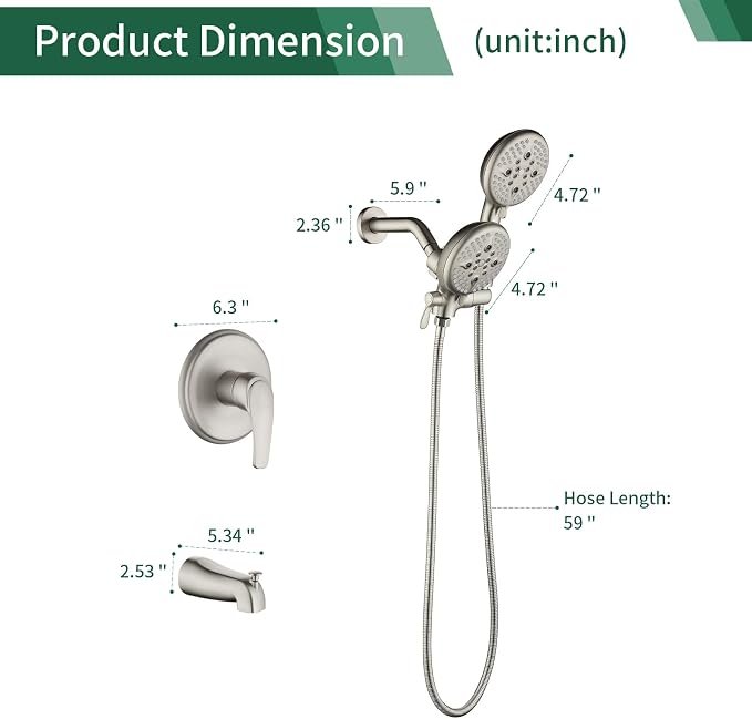 L829-2 Brushed Nickel Shower Faucet Set - Complete Dual Shower Head & Handheld Combo, Tub Spout & Trim Kit - Image 8