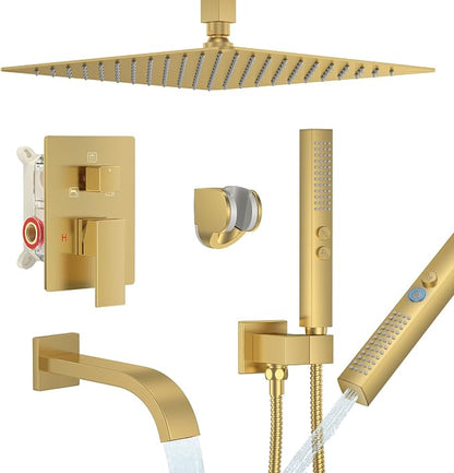 Brushed Gold Shower System with Tub Spout, Ceiling Mounted Bathtub Shower Faucet Set, 12" Rainfall Shower Head and Handheld Shower Combo, High Pressure Shower Fixtures Set with Rough-in Valve by FAROLAN