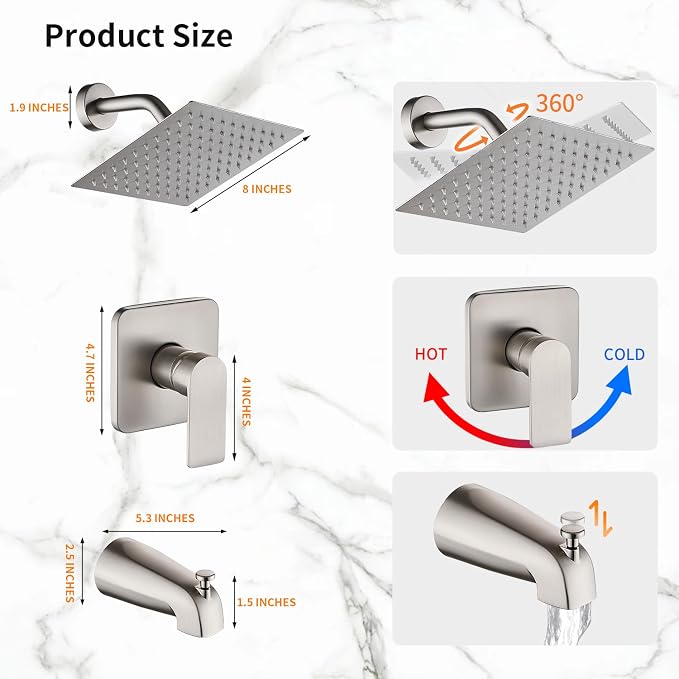Brushed Nickel Tub Shower Faucet Set Complete with 8-Inch Rainfall Shower Head and Tub Spout Included Shower Valve Tub Shower Trim Kit Matte Black - Image 3