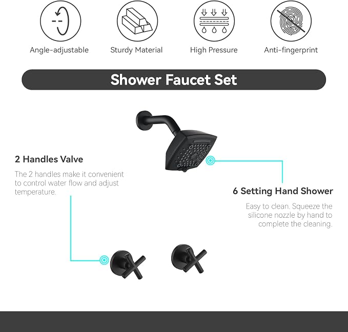 2 Handle Shower Faucet Set 6-Spray Shower Head and Handle Set Shower Trim Kit with Rough-in Valve Bathroom Shower Faucet Valve Trim Kit Matte Black - Image 5