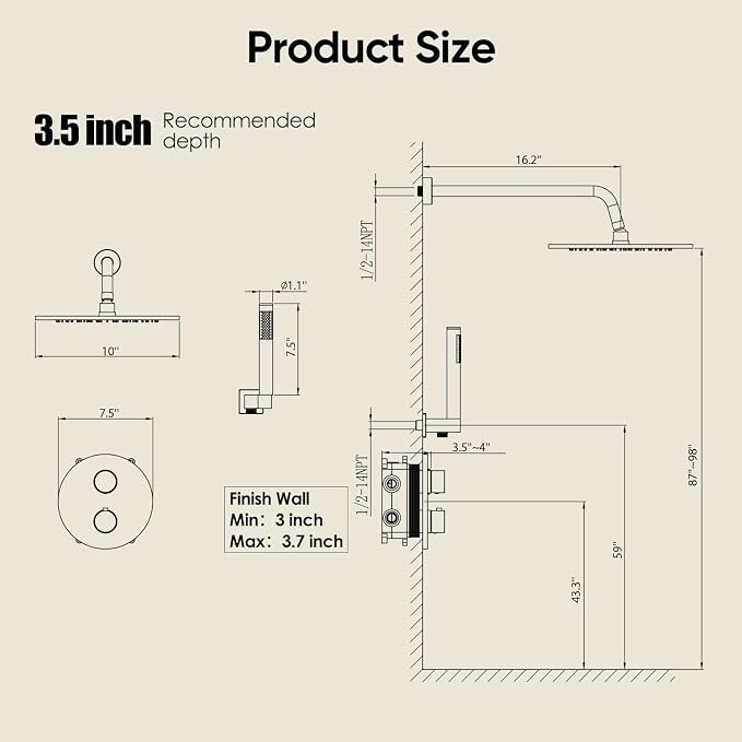 Gabrylly Thermostatic Shower Faucet Set, All Metal Shower System with Anti Scald Shower Valve, High Pressure 10" Rain Shower head with Handheld Spray Combo, Matte Black - Image 8