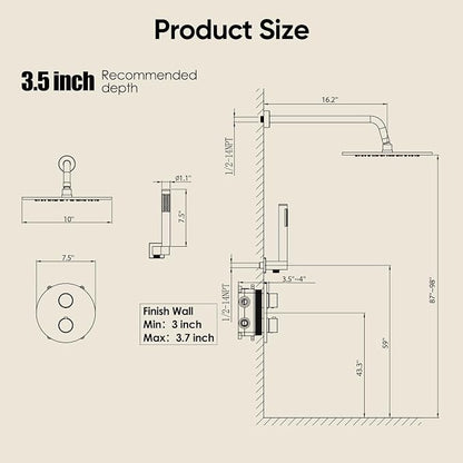 Gabrylly Thermostatic Shower Faucet Set, All Metal Shower System with Anti Scald Shower Valve, High Pressure 10" Rain Shower head with Handheld Spray Combo, Matte Black - Image 8