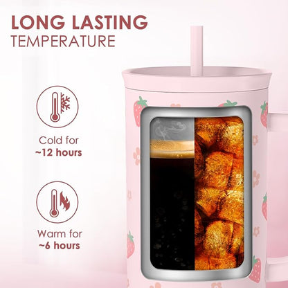 SANDJEST Strawberry Tumbler with Handle 40oz – Insulated Stainless Steel Travel Coffee Mug Cup for Girls Women, Gift for Christmas, Birthday - Image 5