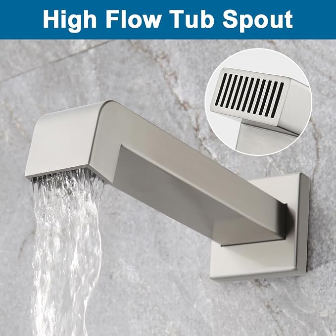 POP SANITARYWARE Shower Tub Faucet Set Brushed Nickel Bathroom Rain Shower System with Tub Spout Wall Mounted Rainfall 10 Inch Thickened Shower Head and Handle Set Include Shower Valve and Trim Kit - Image 5