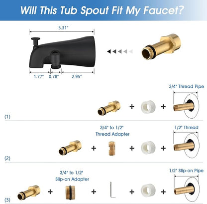 All Metal Tub Spout with Diverter Matte Black, Fits Threaded 1/2" or 3/4" IPS, Tub Faucet with Shower Diverter - Image 5