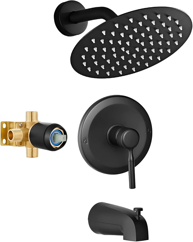 HUCKLE Tub Shower Faucet Set with Valve, 8-Inch Rainfall Shower Head and Bathtub Spout, Single-Handle Tub and Bathroom Trim Kit, Matte Black by HUCKLE
