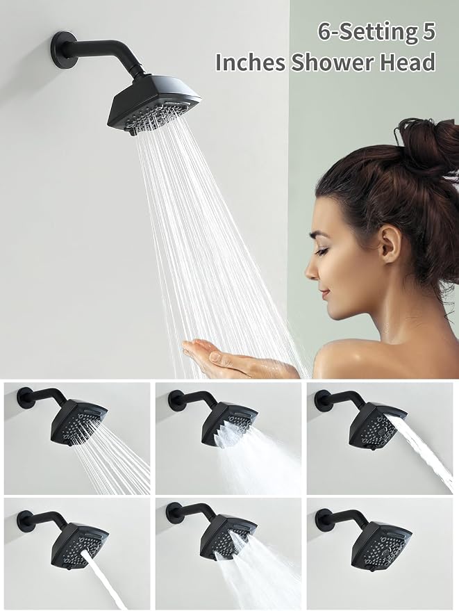 Black Shower Head and Handle Set 5 Inch Bathtub Faucet Shower Faucet with 6-Spray Shower Head Shower Valve Kit Modern Shower Set High-Pressure Shower Trim Kit - Image 3