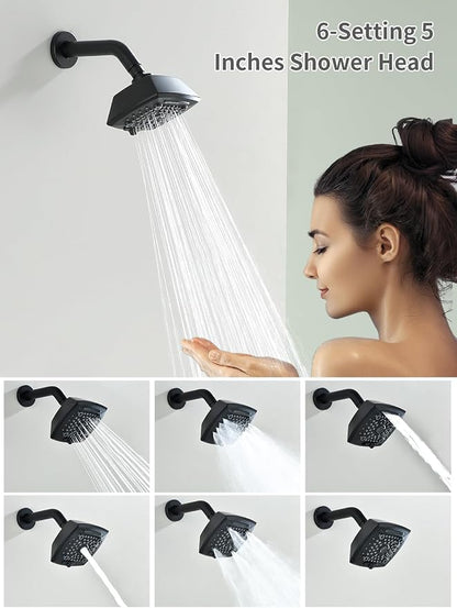 Black Shower Head and Handle Set 5 Inch Bathtub Faucet Shower Faucet with 6-Spray Shower Head Shower Valve Kit Modern Shower Set High-Pressure Shower Trim Kit - Image 3
