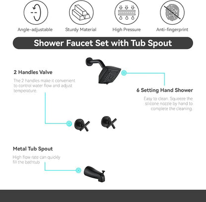 2 Handle Shower Faucet Set with Tub Spout 6-Spray Shower Head and Handle Set Shower Trim Kit with Rough-in Valve Bathroom Shower Faucet Valve Trim Kit Matte Black - Image 5