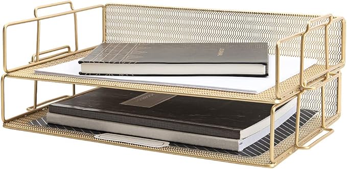 BLU MONACO | Paper Tray Stackable Gold Mesh Set of 2 | Stackable File Trays by Blu_Monaco
