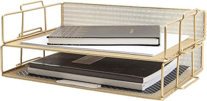 BLU MONACO | Paper Tray Stackable Gold Mesh Set of 2 | Stackable File Trays by Blu_Monaco