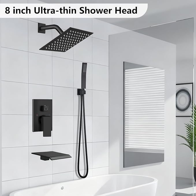 Midanya Shower System with Tub Spout,Bathtub Shower Faucet Set with Square Rainfall Head and Handheld Sprayer Wall Mount Tub Faucet Set with Valve and Trim Kit,8 Inch Matte Black - Image 2