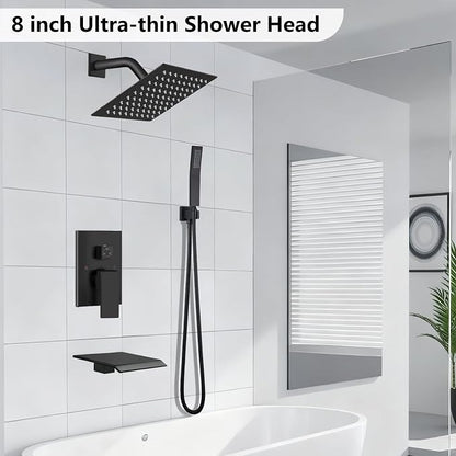 Midanya Shower System with Tub Spout,Bathtub Shower Faucet Set with Square Rainfall Head and Handheld Sprayer Wall Mount Tub Faucet Set with Valve and Trim Kit,8 Inch Matte Black - Image 2