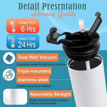 Joyclub 8 Pack Sublimation Water Bottle Blanks Dual Opening 20 oz Sublimation Tumblers with Leakproof Lid and Straw Insulated Stainless Steel Sports Cups - Image 4