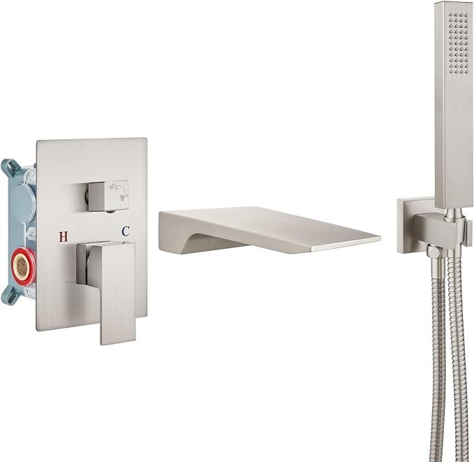 Airuida Wall Mount Tub Faucet with Waterfall Tub Spout Wall Mounted Bathtub Faucet with Handheld Shower Single Handle Tub Filler Shower Faucet Set with Rough-in valve Straight Spout Brushed Nickel by Airuida