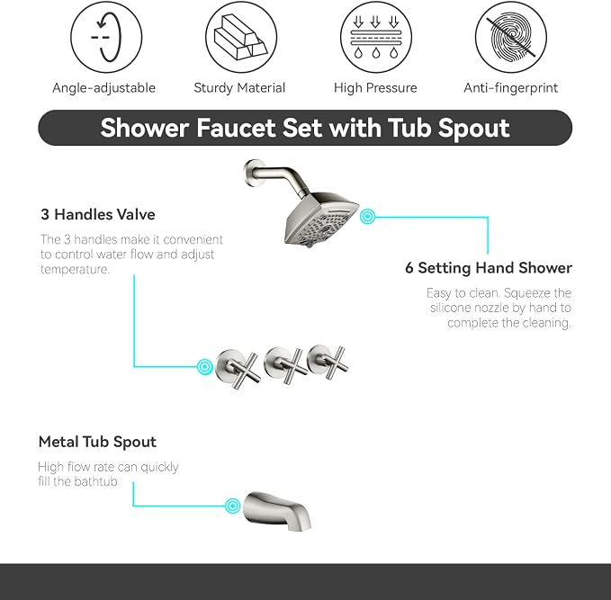 3 Handle Shower Faucet Set with Tub Spout 6-Spray Shower Head and Handle Set Shower Trim Kit with Rough-in Valve Bathroom Shower Faucet Valve Trim Kit Shower System Brushed Nickel - Image 5