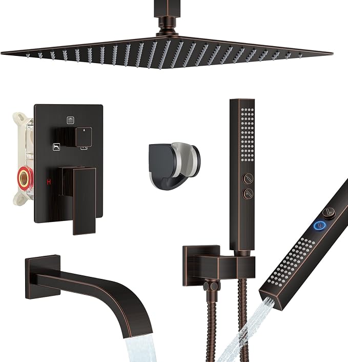 Oil Rubbed Bronze Shower System with Tub Spout, Ceiling Mounted Bathtub Shower Faucet Set, 12" Rainfall Shower Head and Handheld Shower Combo, High Pressure Shower Fixtures Set with Rough-in Valve by FAROLAN