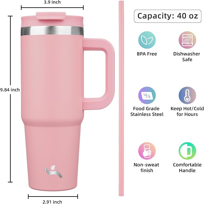 Konokyo 40 oz Tumbler with Handle and 2 Straws,2 in 1 Lid Insulated Water Bottle Stainless Steel Travel Coffee Mug,Pink - Image 4