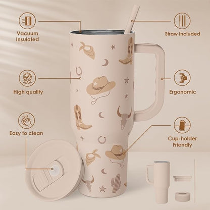SANDJEST Cowgirl Tumbler 40oz for Women Girls – Stainless Steel Travel Coffee Mug Cup with Handle and Straw, Gift for Birthday Christmas - Image 2