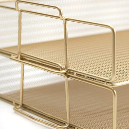 BLU MONACO | Paper Tray Stackable Gold Mesh Set of 2 | Stackable File Trays - Image 5