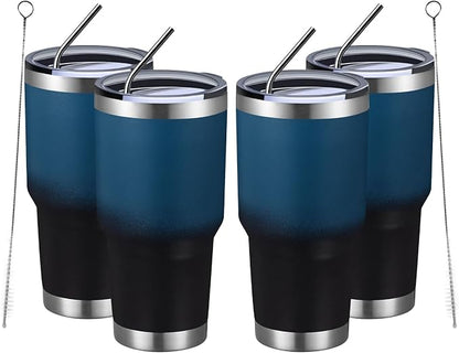 MEWAY 30oz Insulated Tumbler With Lids and Straws,Stainless Steel Double Vacuum Coffee Tumbler Cup, Brush, Durable Powder Coated Coffee Cup for Cold & Hot Drinks, Office, Travel(Blue Black,4 PACK) by MEWAY