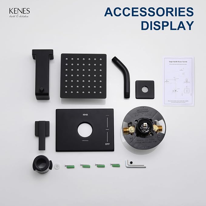 KENES Tub Shower Faucet Set Complete, Matte Black Tub and Shower Trim Kit with 6-Inch Rain Shower Head, Square Shower System, KE-6025A-2 (Shower Valve Included) - Image 9