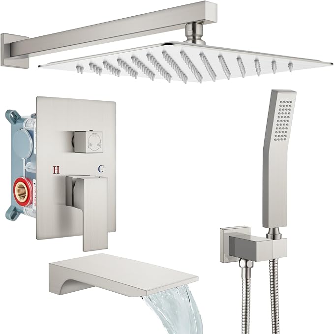 gotonovo Shower System with Tub Spout,Waterfall Tub Shower Faucet Set for Bathroom Head and Handle Set Wall Mounted 3 Function Rough-in Valve and Trim Included 12 inch Shower Head Brushed Nickel by HOME