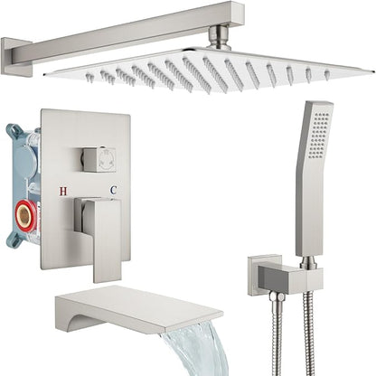 gotonovo Shower System with Tub Spout,Waterfall Tub Shower Faucet Set for Bathroom Head and Handle Set Wall Mounted 3 Function Rough-in Valve and Trim Included 12 inch Shower Head Brushed Nickel by HOME
