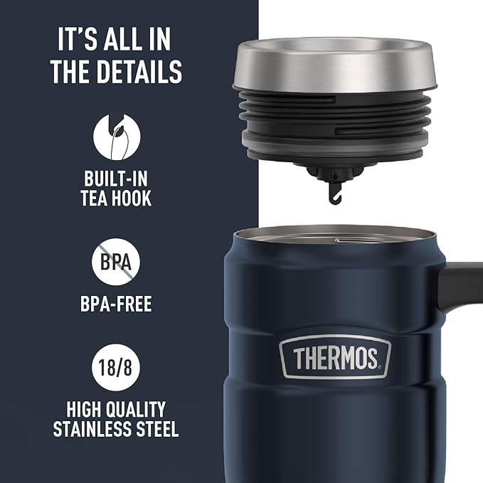 THERMOS Stainless King Vacuum-Insulated Travel Mug with Handle - 16oz, Midnight Blue - Thermos Tumbler for Hot & Cold Drinks - Leak & Sweat-Proof Stainless Steel Coffee Mug with Lid for Commuting - Image 4