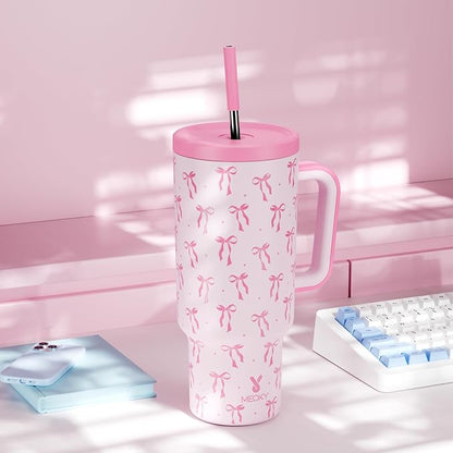 Meoky 40 oz Tumbler with Handle and Straw: Stainless Steel Insulated Tumbler with Lid and Straw - 100% Leak Proof Tumbler for Car Cup Holders - Travelers Commuters Workers, Bow - Image 7