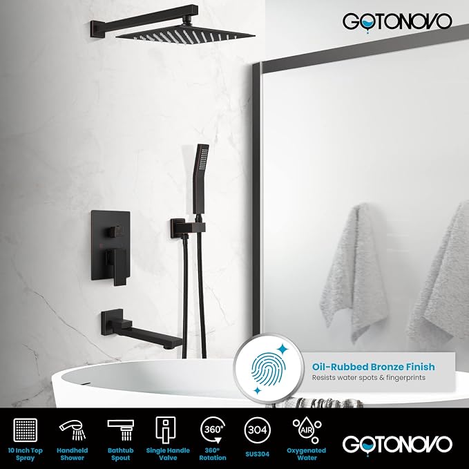 gotonovo Rainfall Tub Shower Faucet Set Bathroom Shower System with Tub Spout Wall Mount Square High Pressure Shower Fixtures with Handheld Sprayer Rough-In Valve 10'' Shower Head,Oil Rubbed Bronze - Image 2