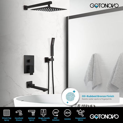 gotonovo Rainfall Tub Shower Faucet Set Bathroom Shower System with Tub Spout Wall Mount Square High Pressure Shower Fixtures with Handheld Sprayer Rough-In Valve 10'' Shower Head,Oil Rubbed Bronze - Image 2