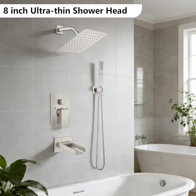 Midanya Rain Shower System Tub Shower Faucet Set Square Rainfall Waterfall Shower Head with Handheld Sprayer Tub Spout Combo Wall Mounted bathtub faucet set Rough-in Valve, 8 Inch Brushed Nickel - Image 2